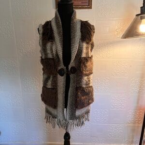 Cynthia Rowley Brown and Gray Fur Vest with Fringe
